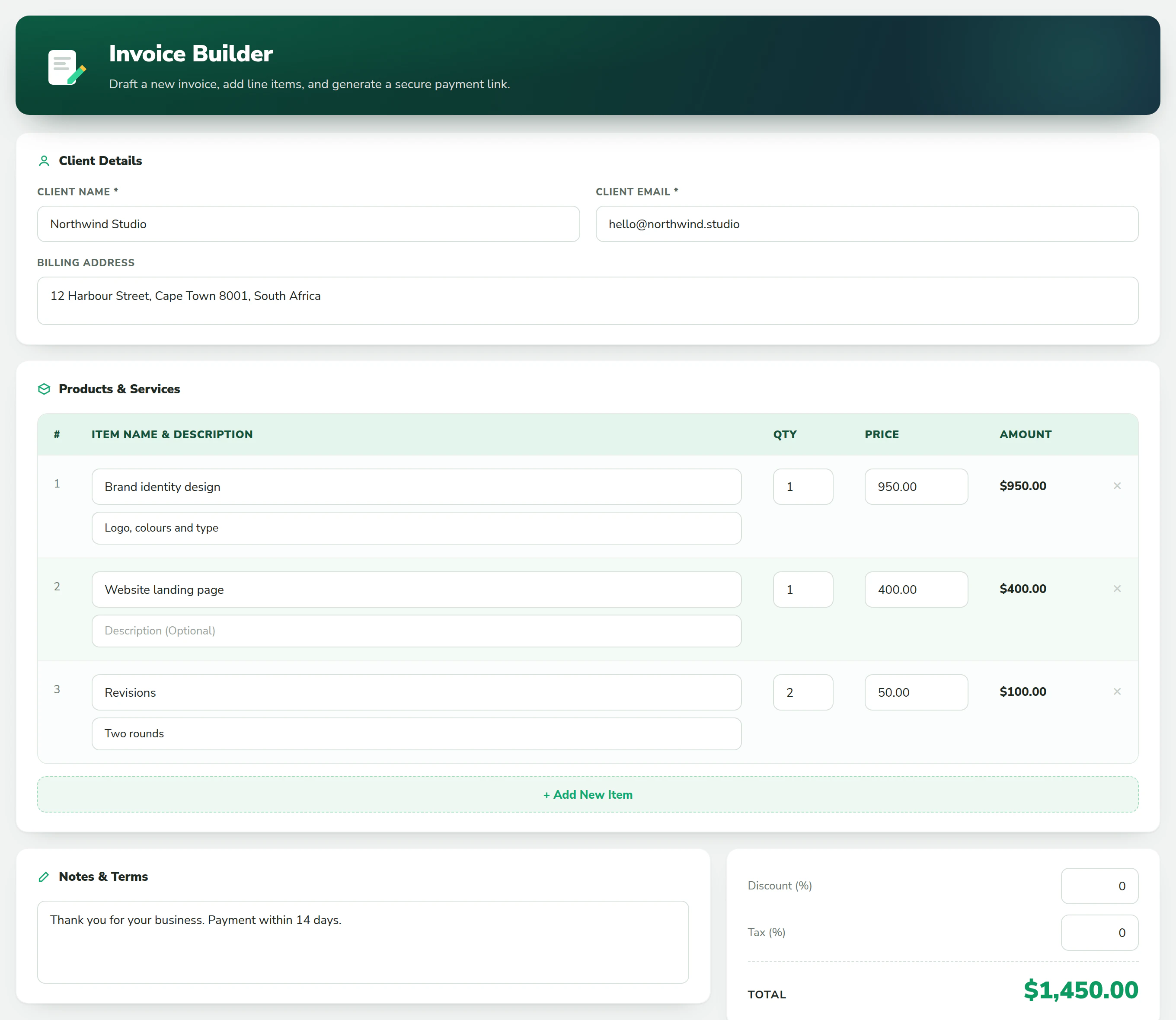 The invoice builder: client details, line items, discount, tax and total