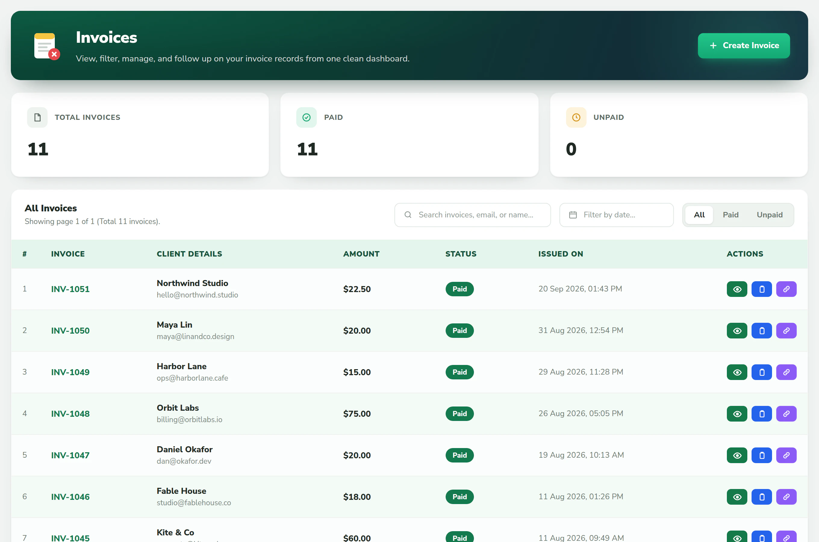 The Pexally Invoices dashboard: every invoice with its amount, status and date