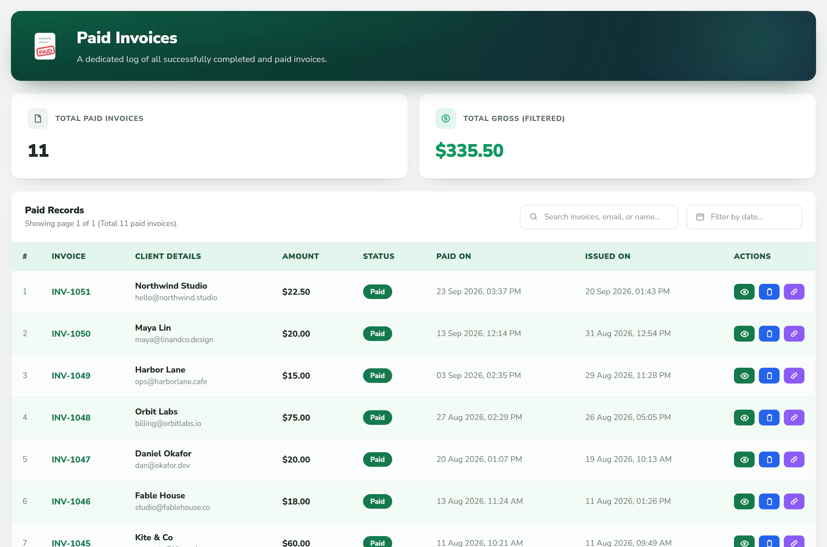 The paid invoices ledger, with the total collected