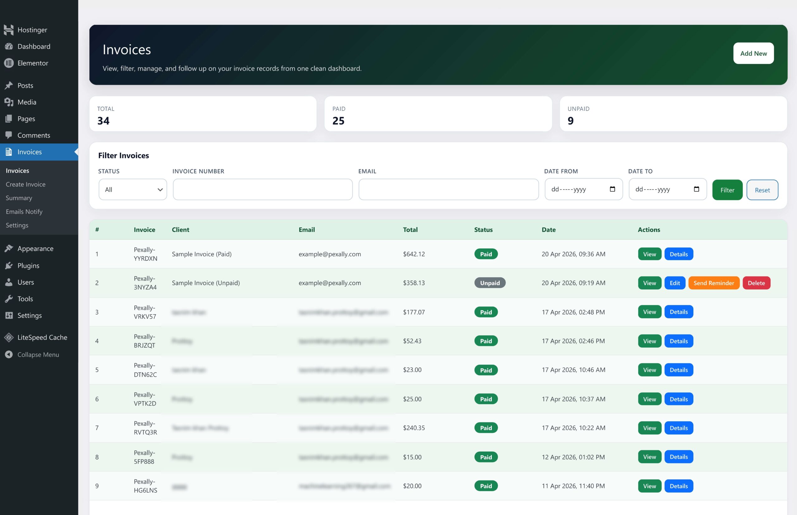 Pexally Invoices WordPress dashboard