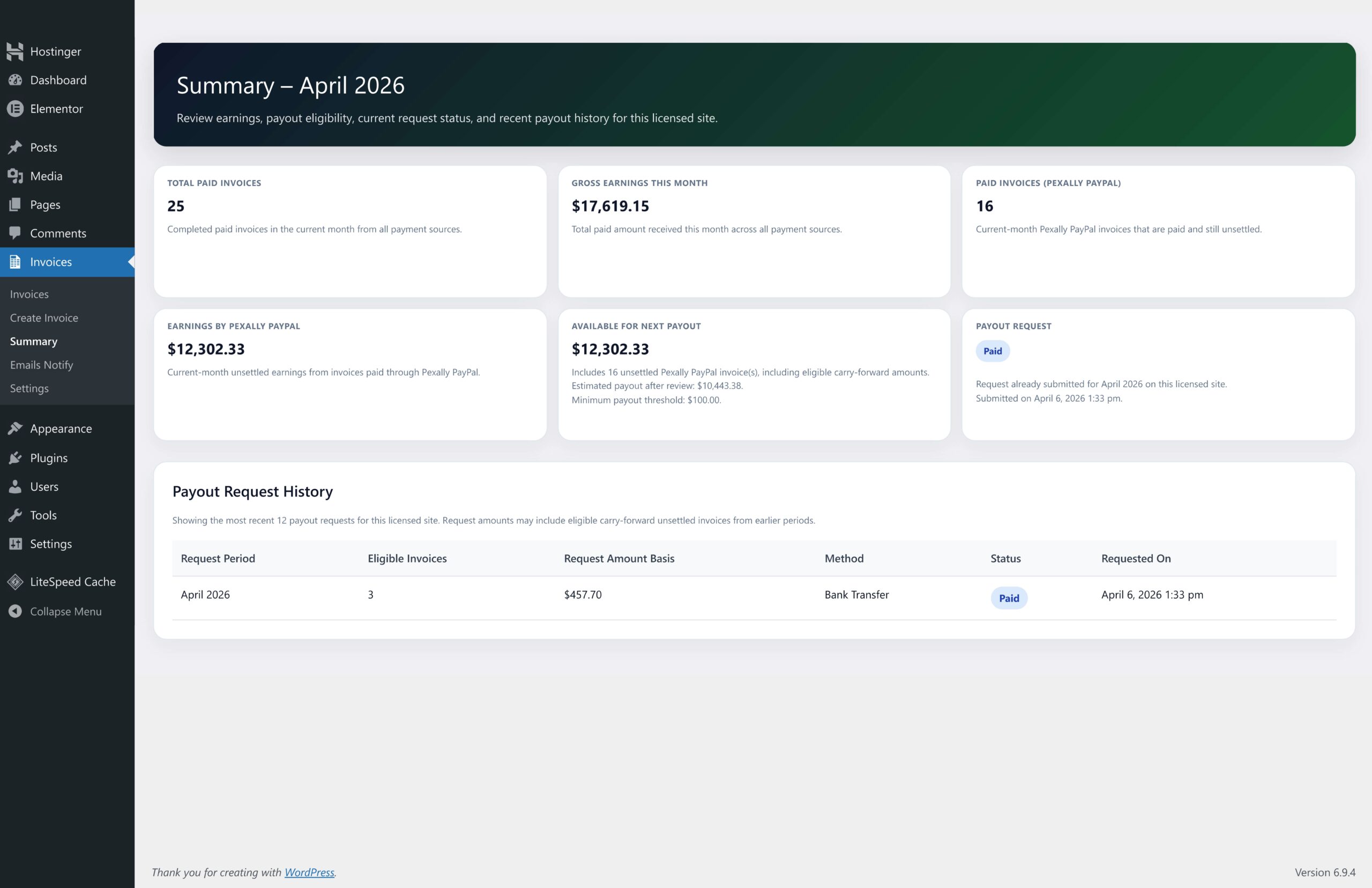 Pexally Invoices payment summary