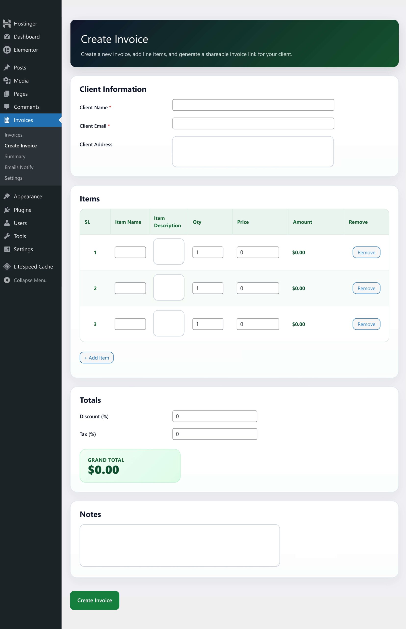 Create invoice with Pexally Invoices