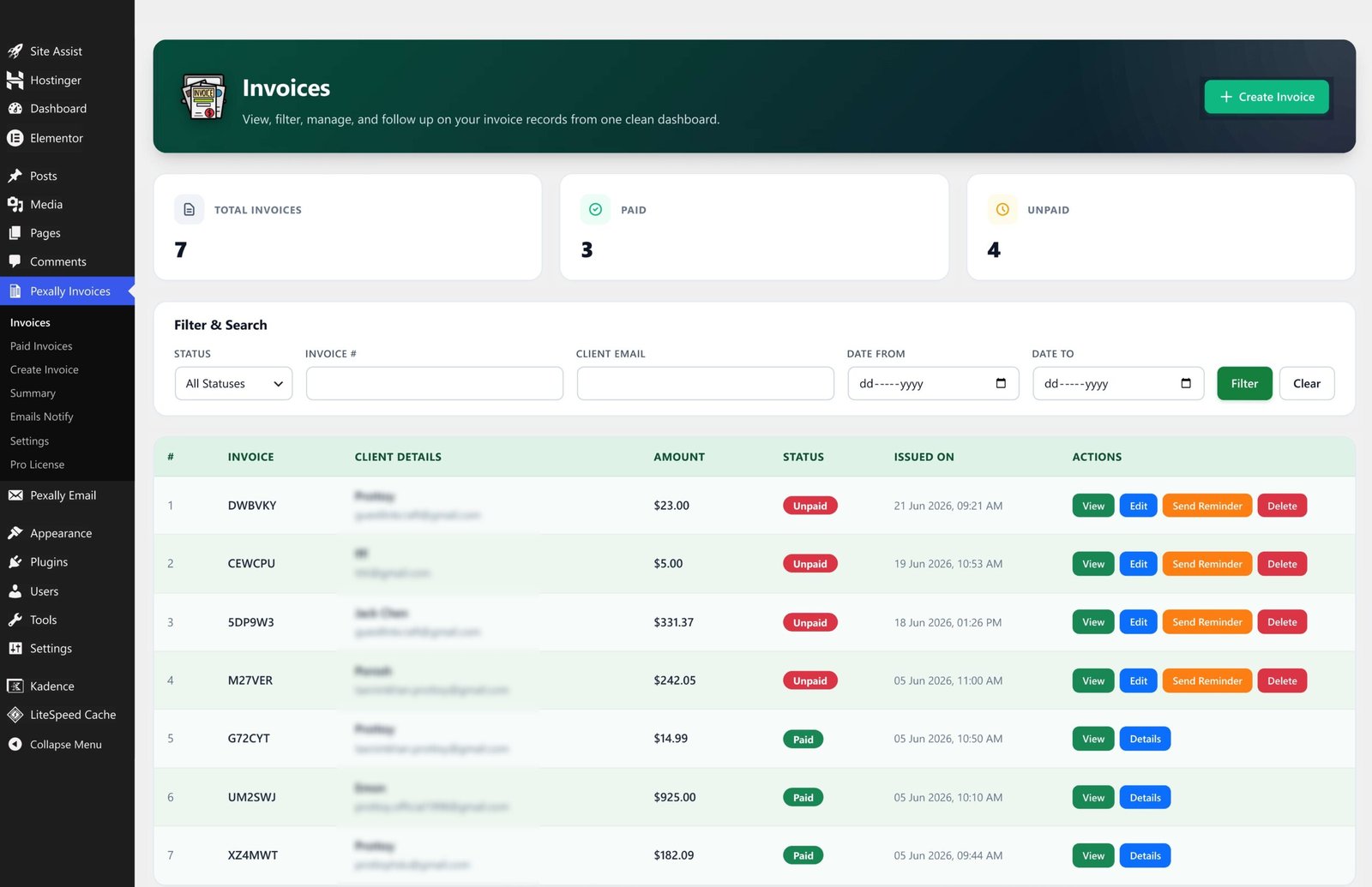 Pexally Invoices Dashboard